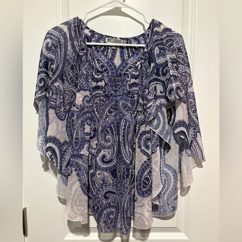 JM Collection Blue and White Paisley Blouse